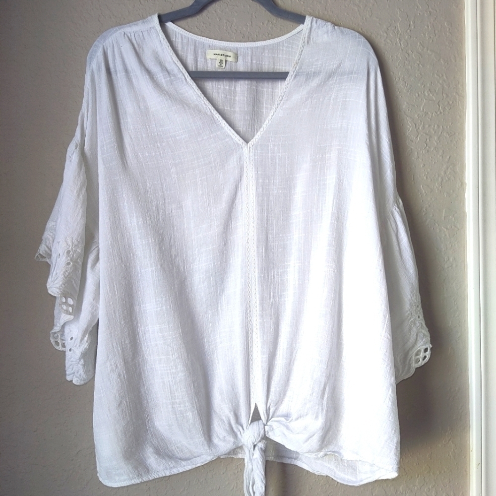 Max Studio Boho Blouse Tie Waist Lace Short Sleeve Size 2X